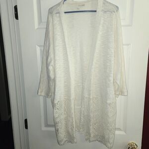Est 1946 Sweater Cardigan Womens Large Open Knit  3/4 Sleeve Ivory Crochet/ Lace